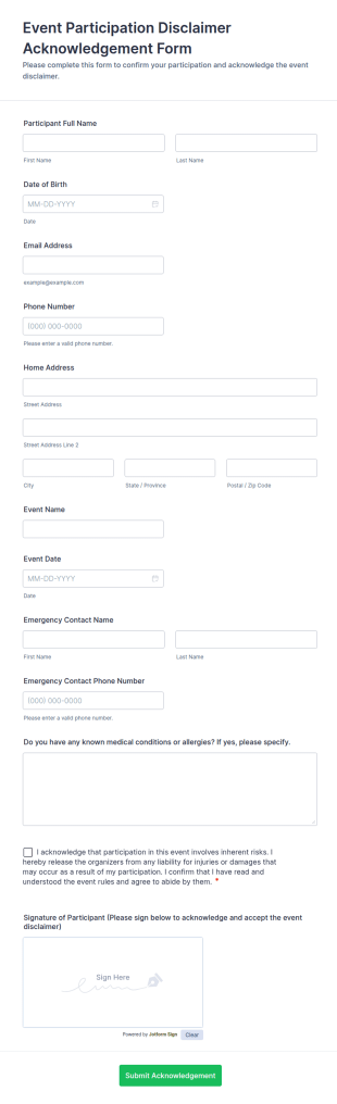 Event Participation Disclaimer Acknowledgement Form Template