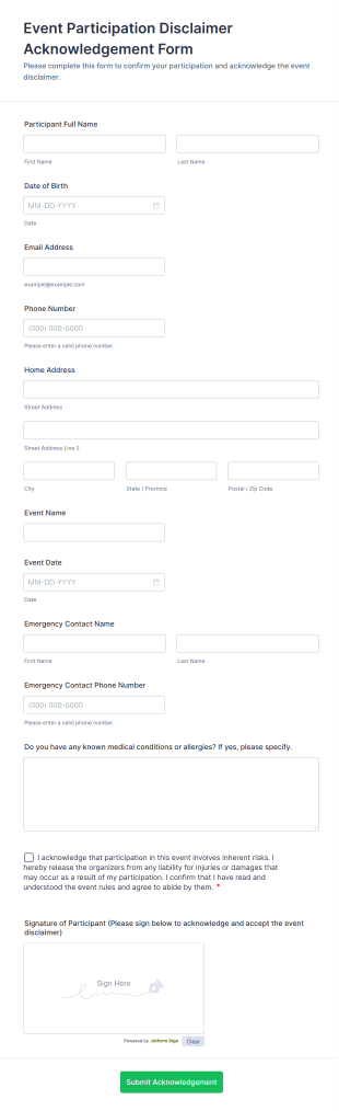 Event Participation Disclaimer Acknowledgement Form Template