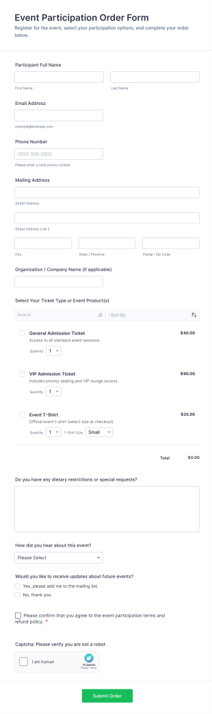 Event Participation Order Form Template