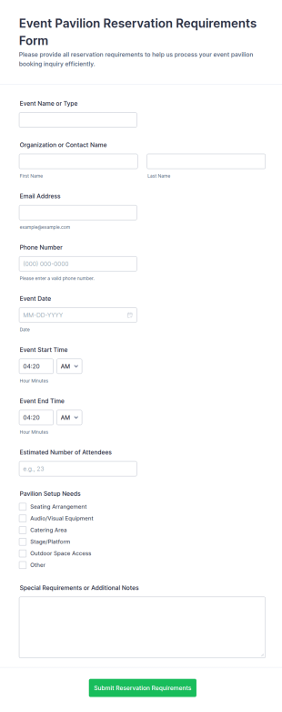 Event Pavilion Reservation Requirement Questionnaire Form Template