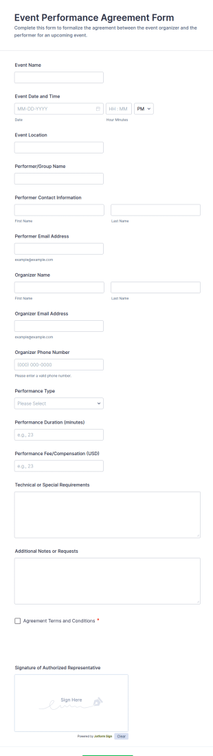 Event Performance Agreement Form Template