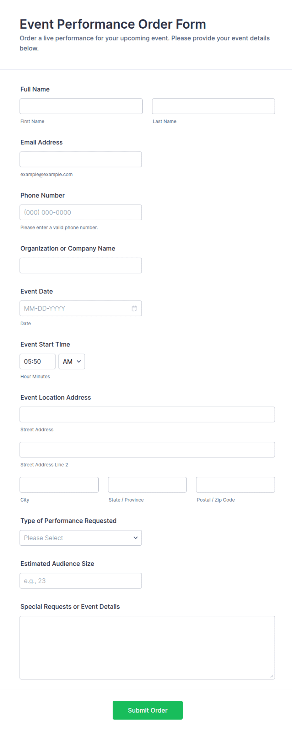 Event Performance Order Form Template | Jotform