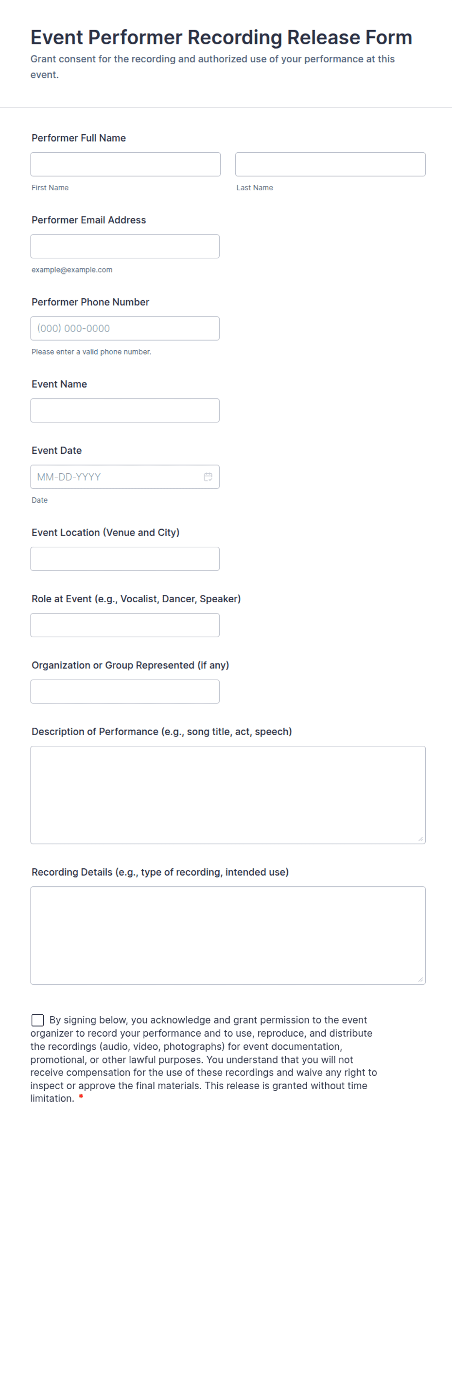 Event Performer Recording Release Form Template Jotform