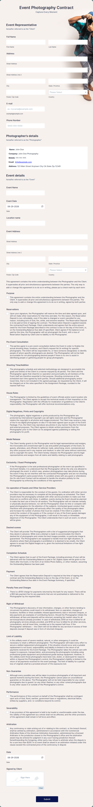 Event Photography Contract Form Template