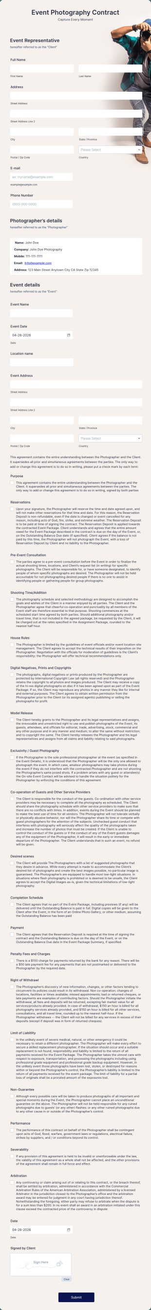Event Photography Contract Form Template