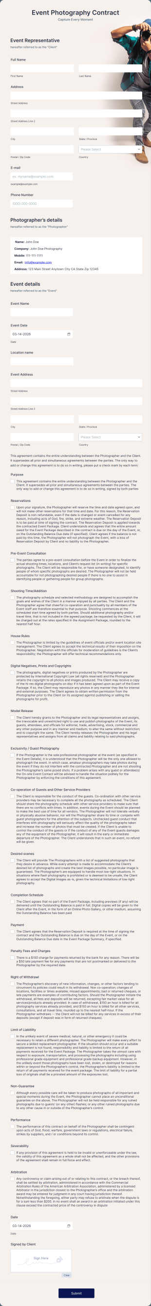Event Photography Contract Form Template