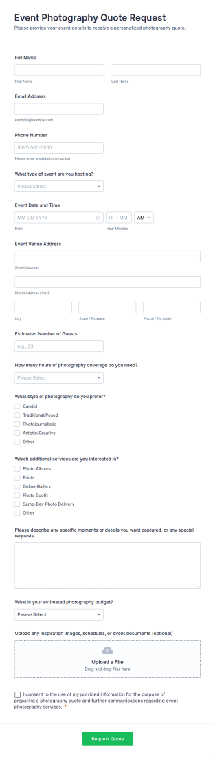 Event Photography Quote Request Form Template
