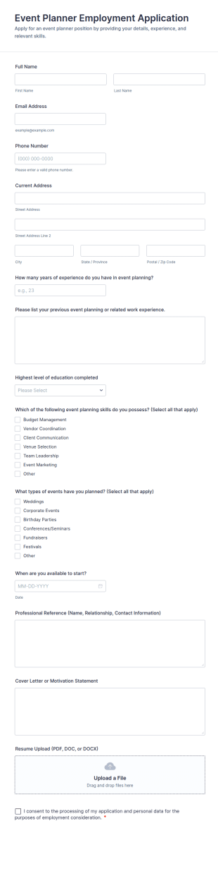 Event Planner Employment Application Form Template