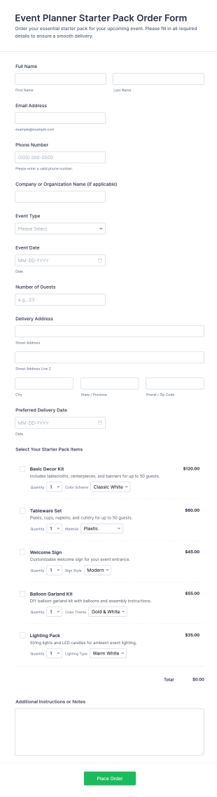 Event Planner Starter Pack Order Form Template