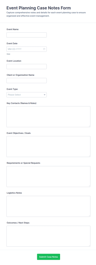 Event Planning Case Notes Form Template