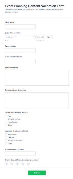 Event Planning Content Validation Form Template