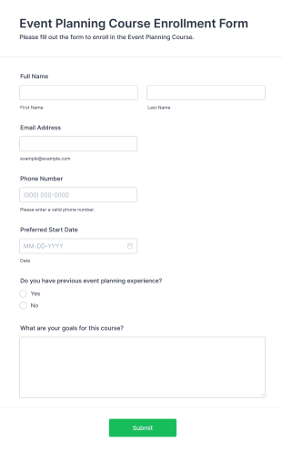 Event Planning Course Enrollment Form Template
