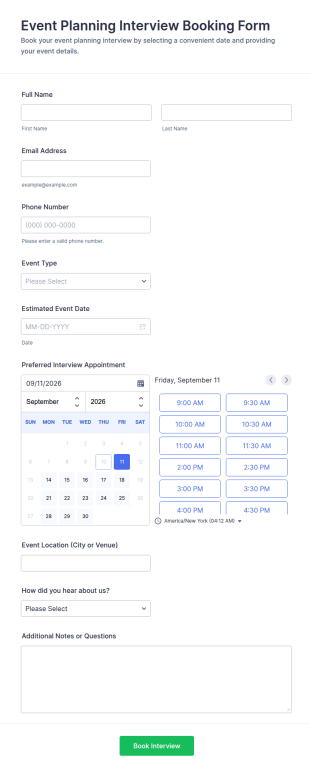 Event Planning Interview Booking Form Template