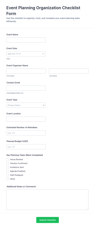 Event Planning Organization Checklist Form Template