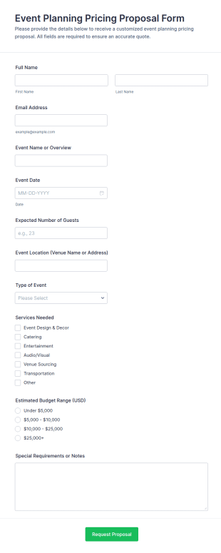 Event Planning Pricing Proposal Form Template