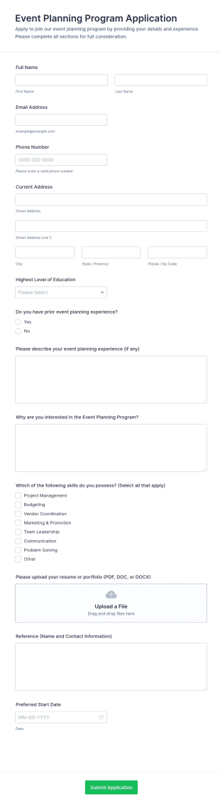 Event Planning Program Application Form Template