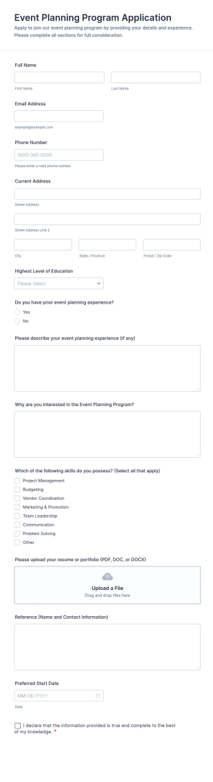 Event Planning Program Application Form Template