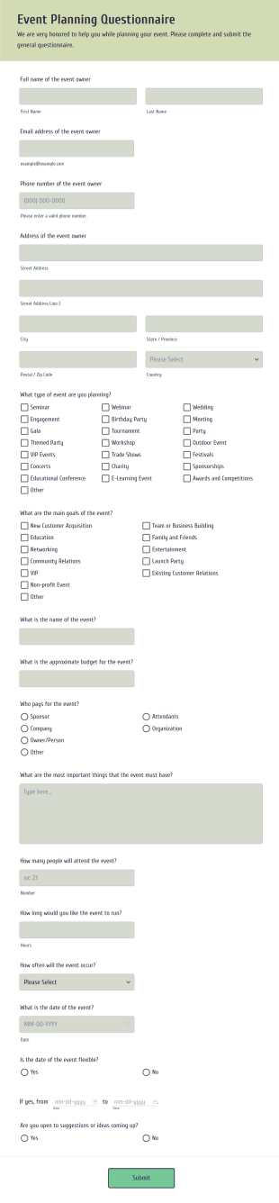 Event Planning Questionnaire Form Template