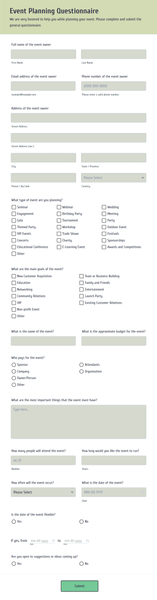 Event Planning Questionnaire Form Template