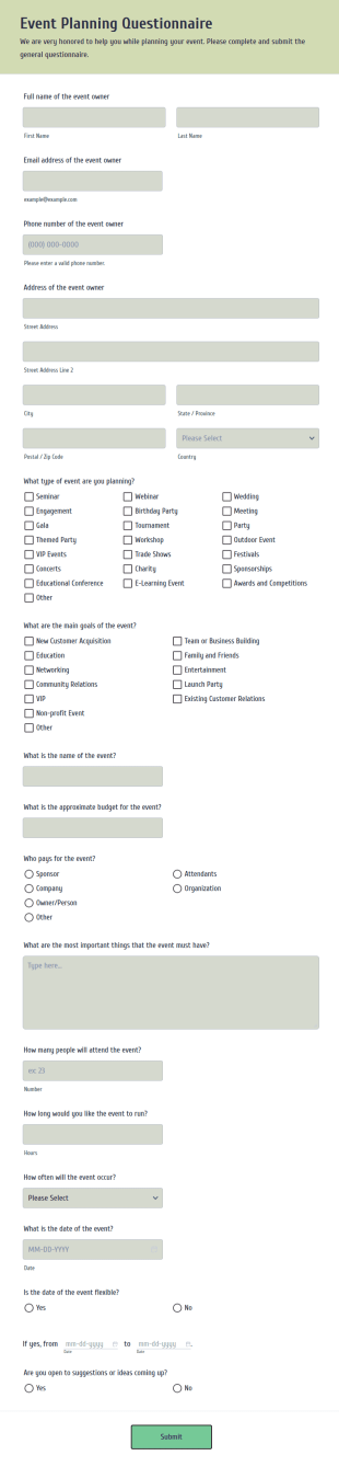 Event Planning Questionnaire Form Template