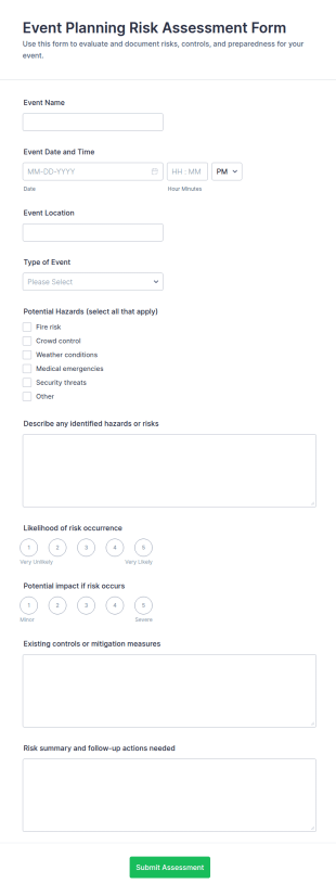 Event Planning Risk Assessment Form Template