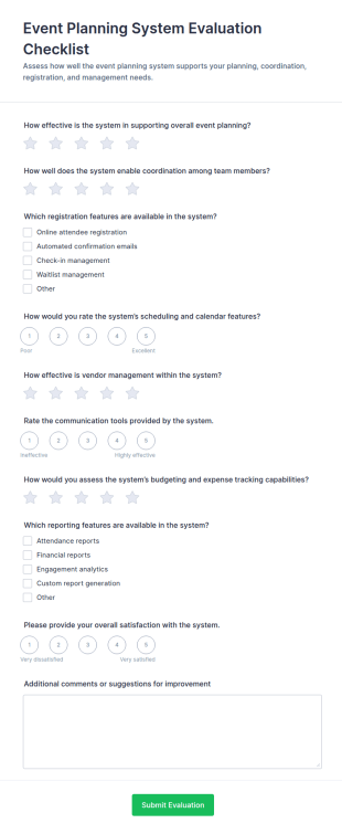 Event Planning System Evaluation Checklist Form Template