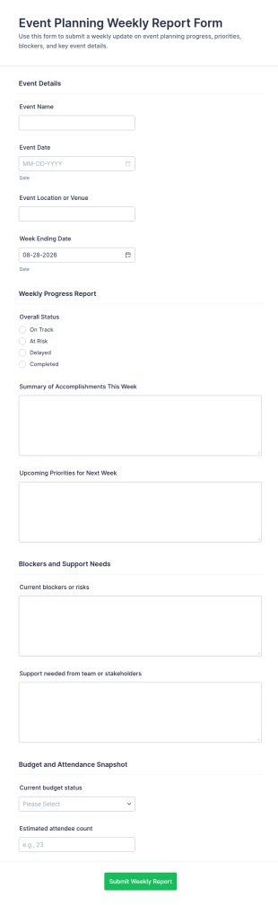 Event Planning Weekly Report Form Template