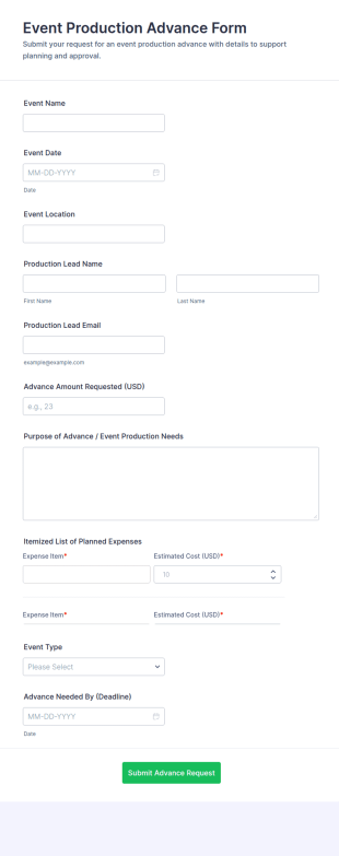 Event Production Advance Form Template