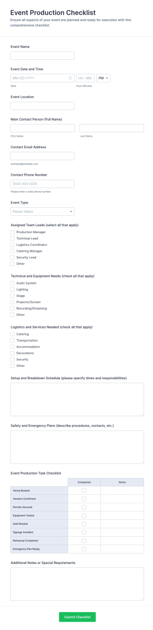 Event Production Checklist Form Template