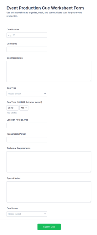 Event Production Cue Worksheet Form Template