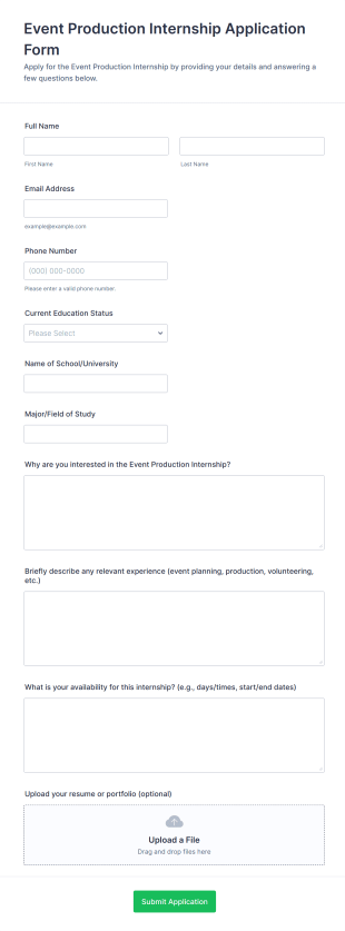 Event Production Internship Application Form Form Template