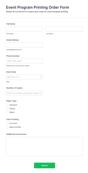 Event Program Printing Order Form Template