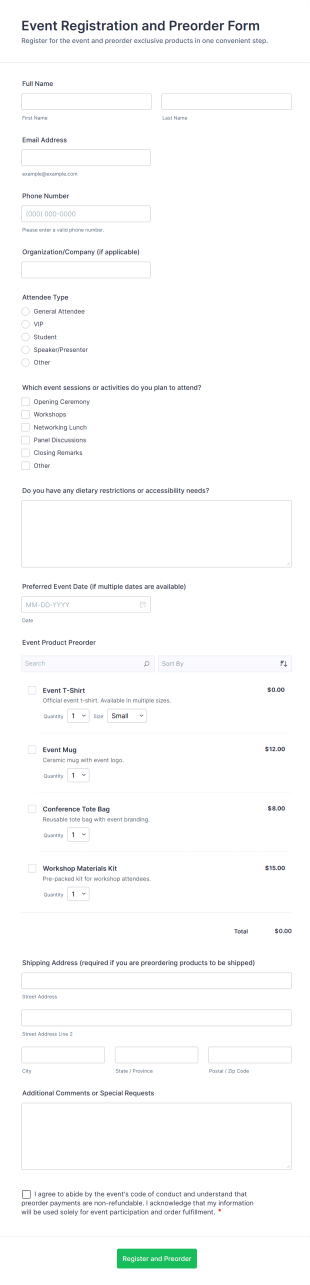 Event Registration And Preorder Form Template