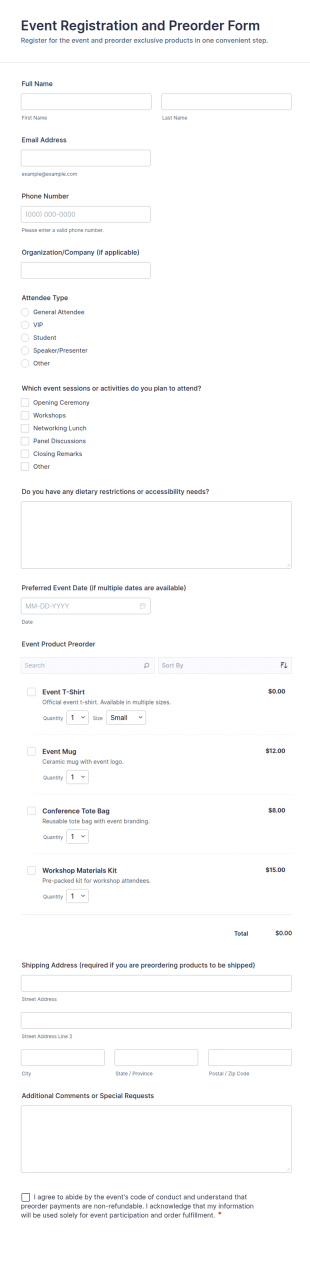 Event Registration And Preorder Form Template