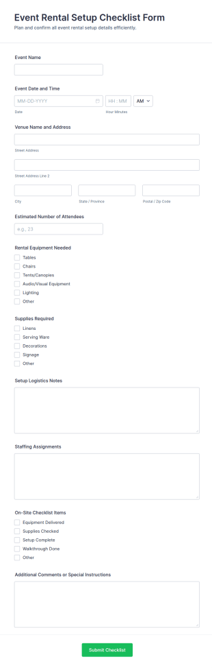 Event Rental Setup Checklist Form Template