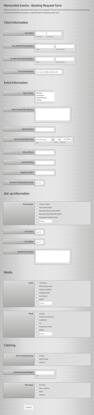 Event Request Form *Memorable Events Form Template