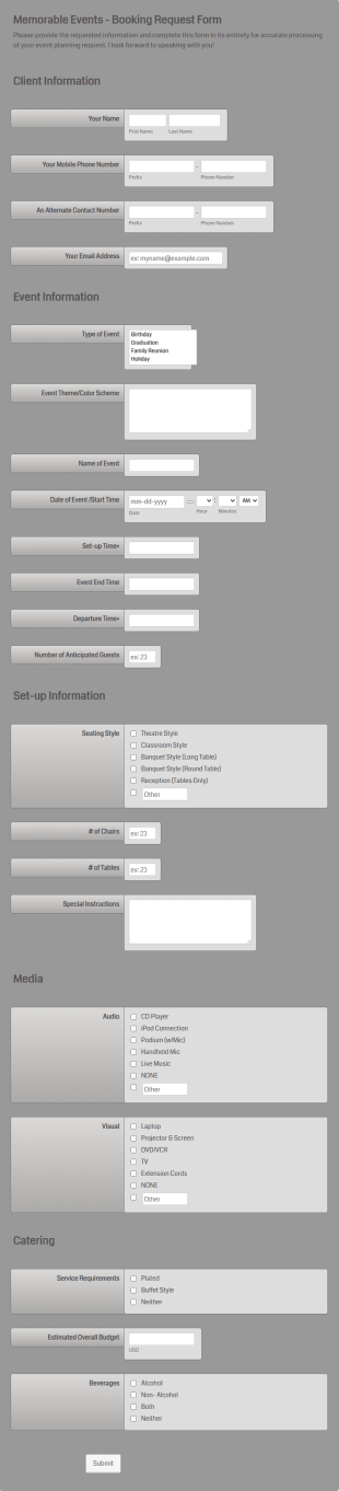 Event Request Form *Memorable Events