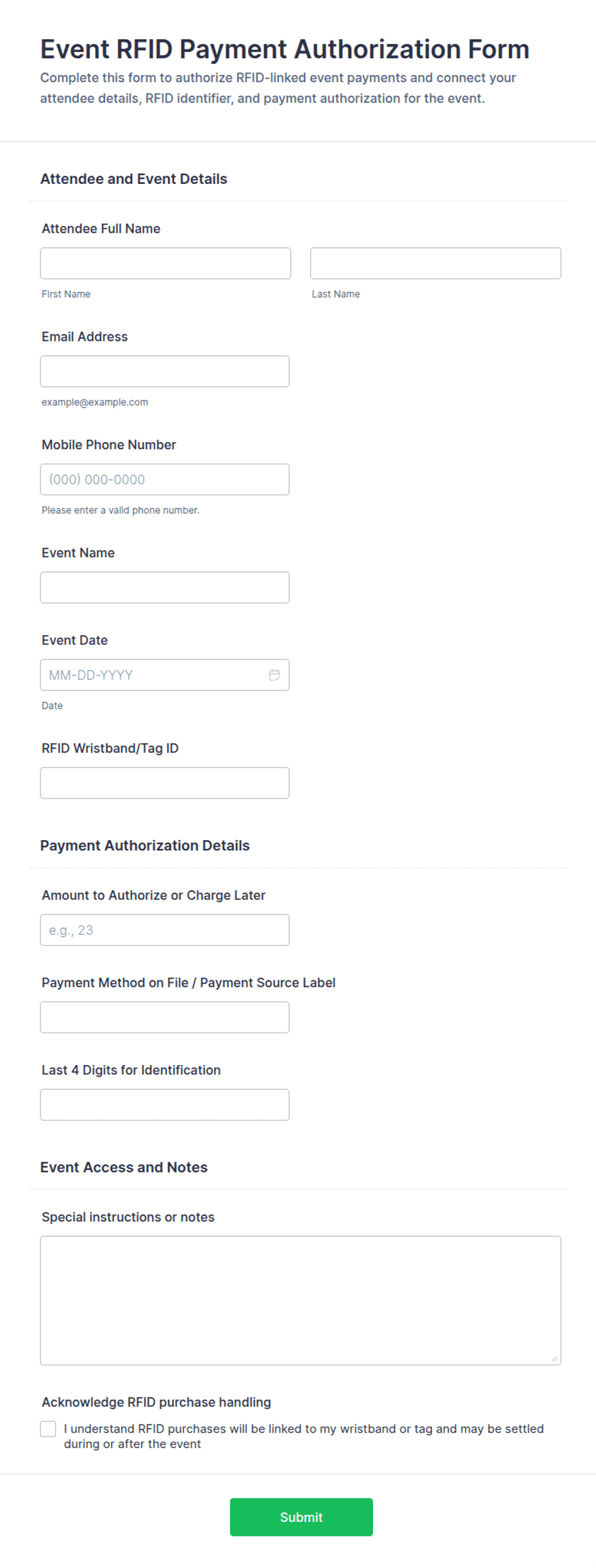 Event RFID Payment Authorization Form Template | Jotform