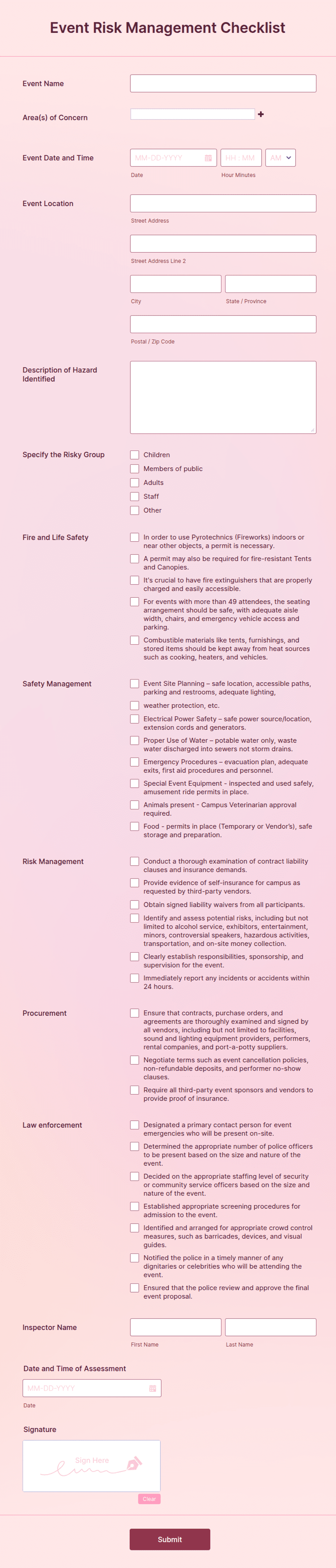 Event Risk Management Checklist Form Template | Jotform