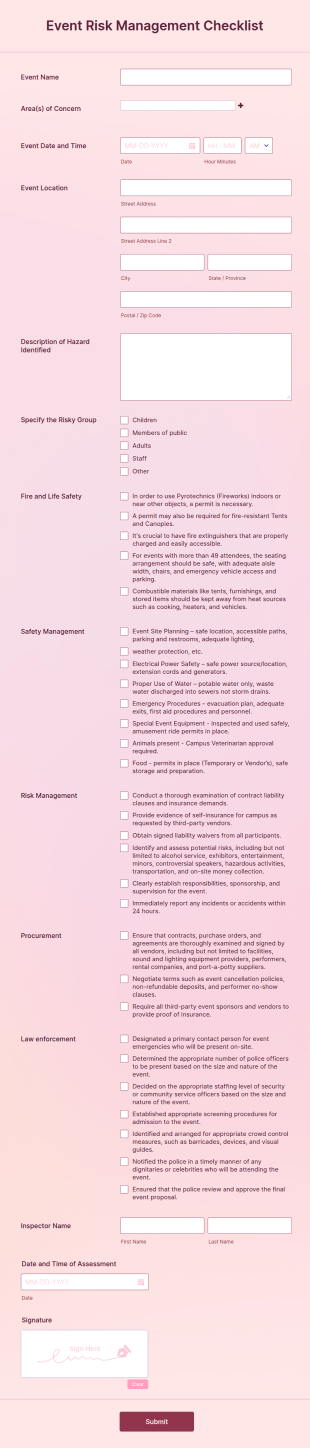 Event Risk Management Checklist Form Template