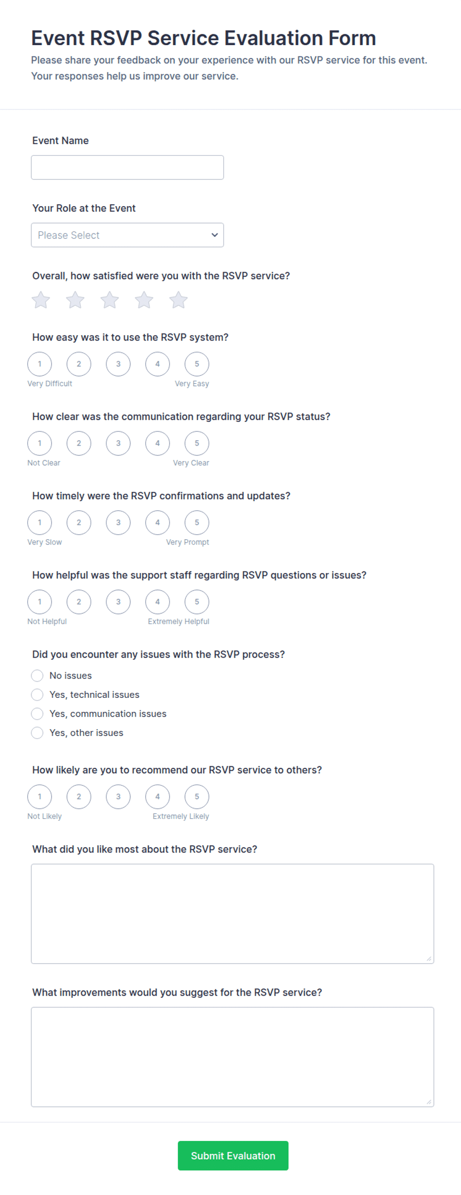 Event RSVP Service Evaluation Form Template | Jotform