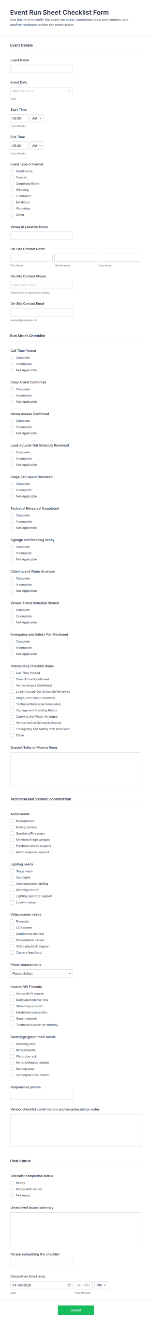 Event Run Sheet Checklist Form Template
