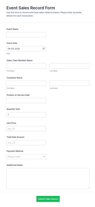 Event Sales Record Form Template