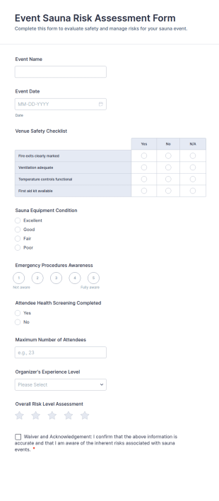 Event Sauna Risk Assessment Form Template
