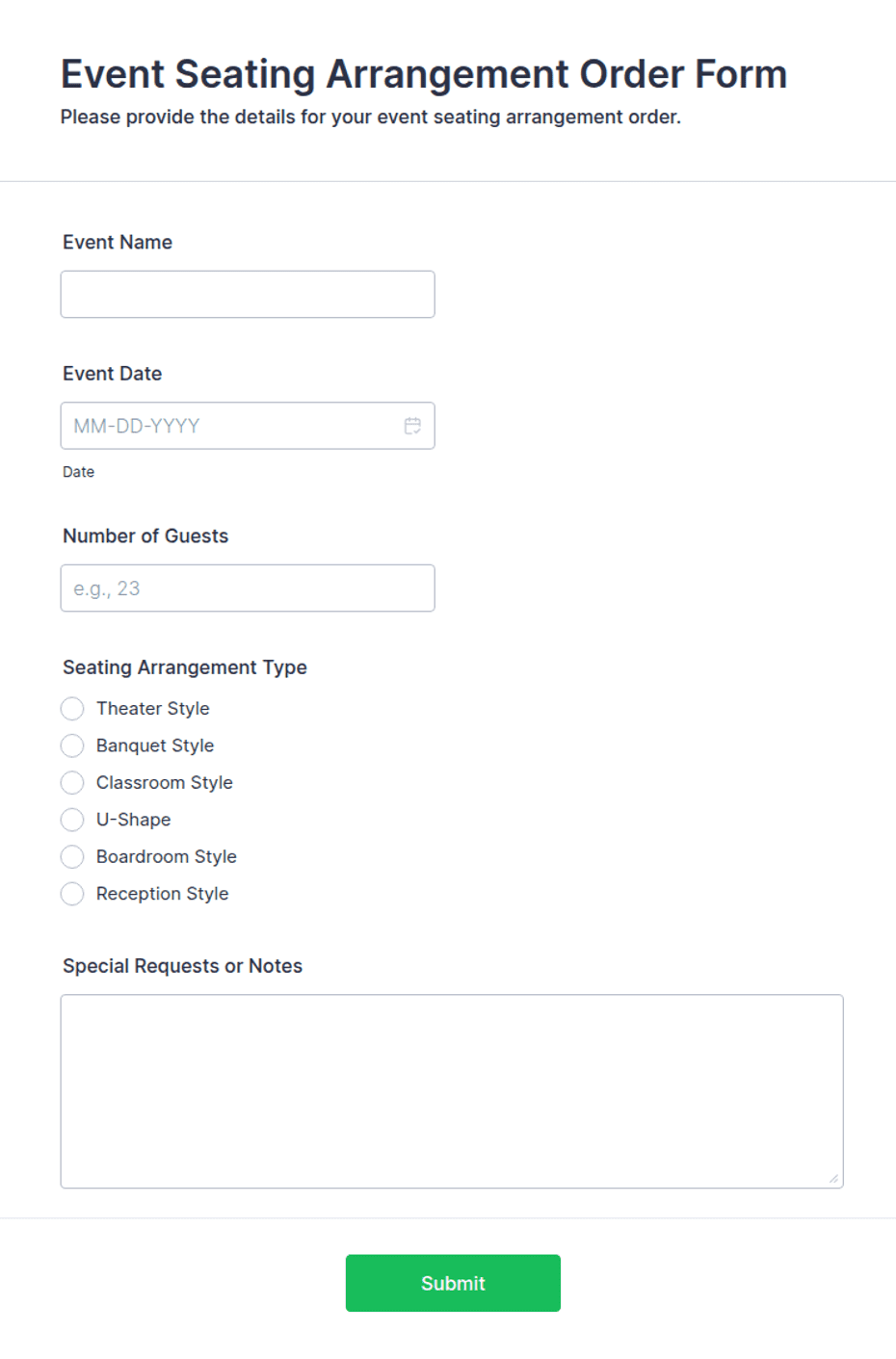 Event Seating Arrangement Order Form Template | Jotform