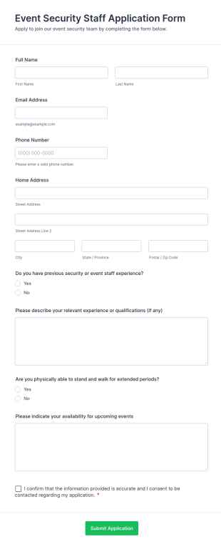 Event Security Staff Application Form Template