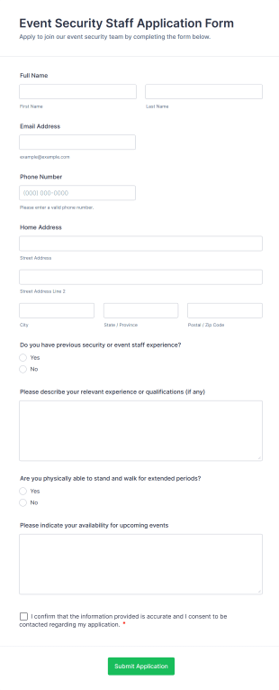 Event Security Staff Application Form Form Template