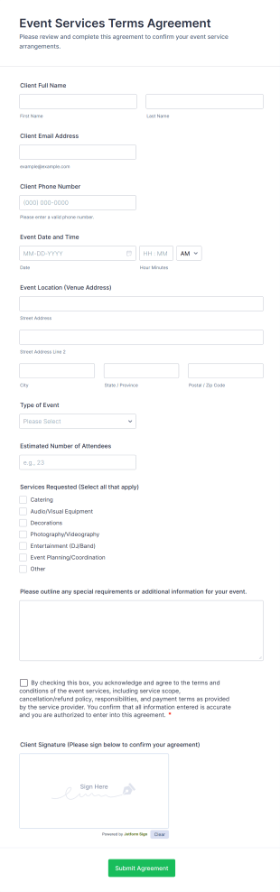 Event Services Terms Agreement Form Template
