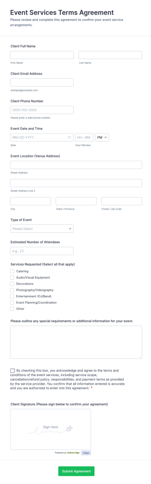 Event Services Terms Agreement Form Template