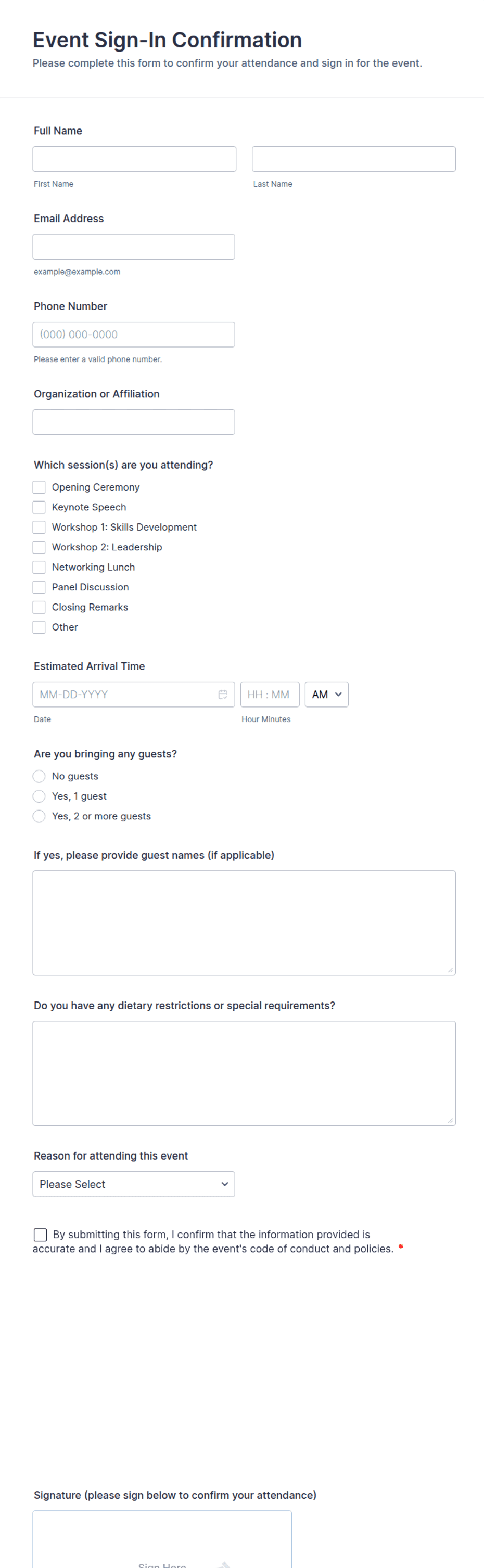 Event Sign-In Confirmation Form Template | Jotform